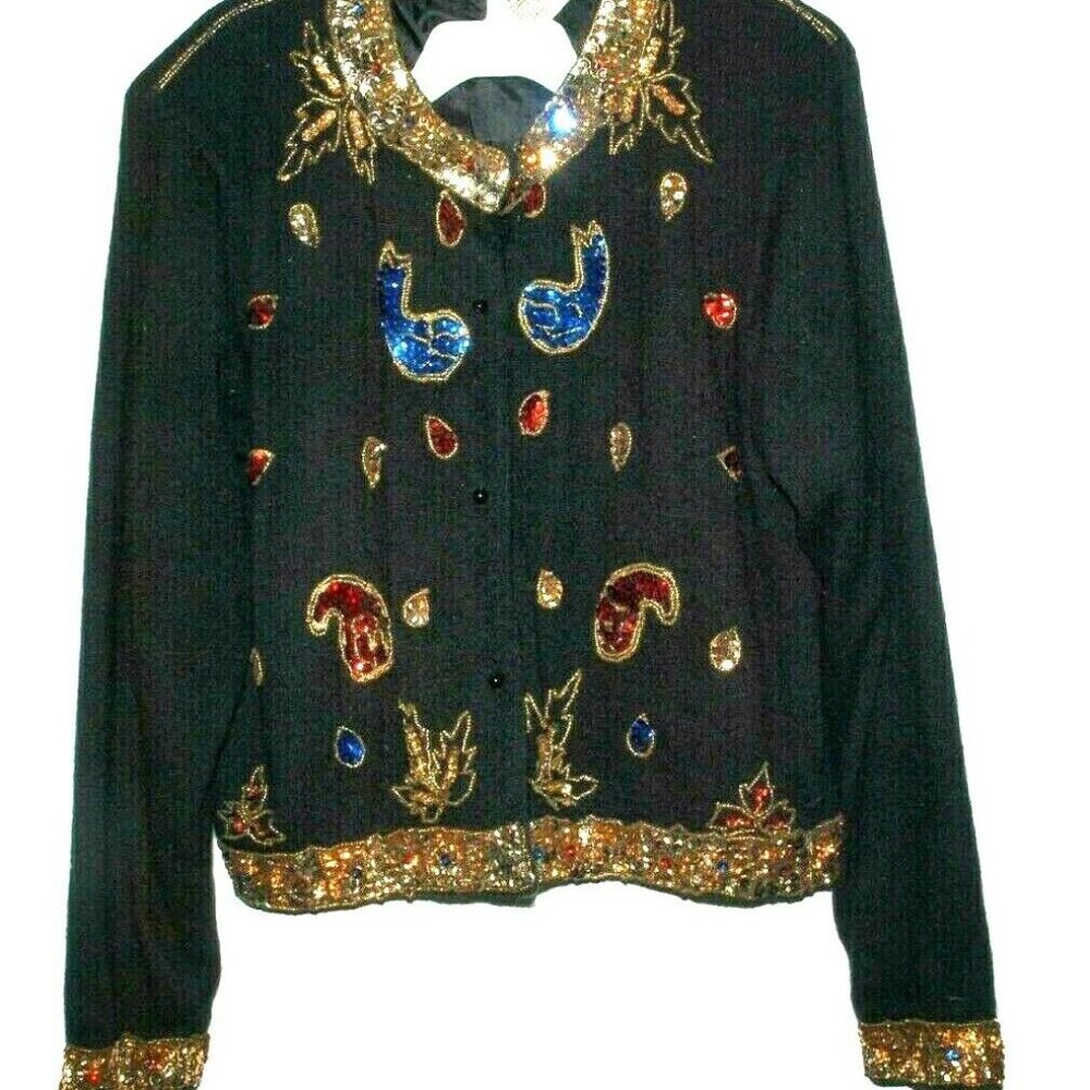 MATHEW H. WOMEN'S BLACK VINTAGE SEQUIN CARDIGAN #